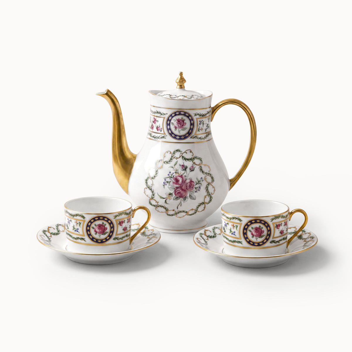 Set théière et 2 tasses avec soucoupes thé Louveciennes