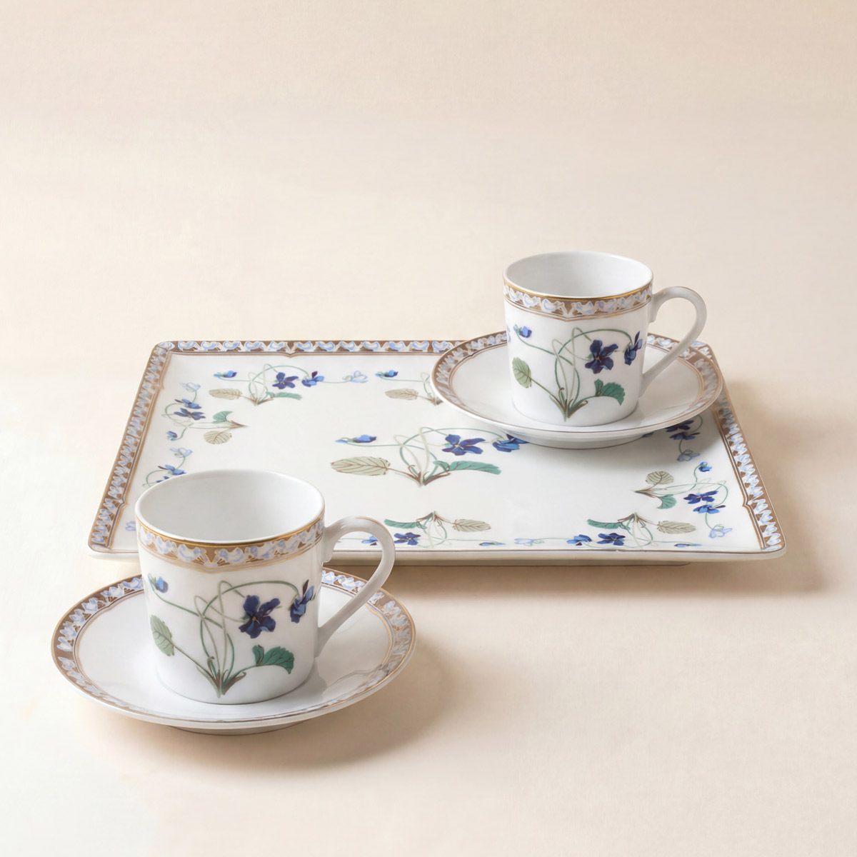 Set plateau et 2 tasses café avec soucoupes Impératrice Eugénie
