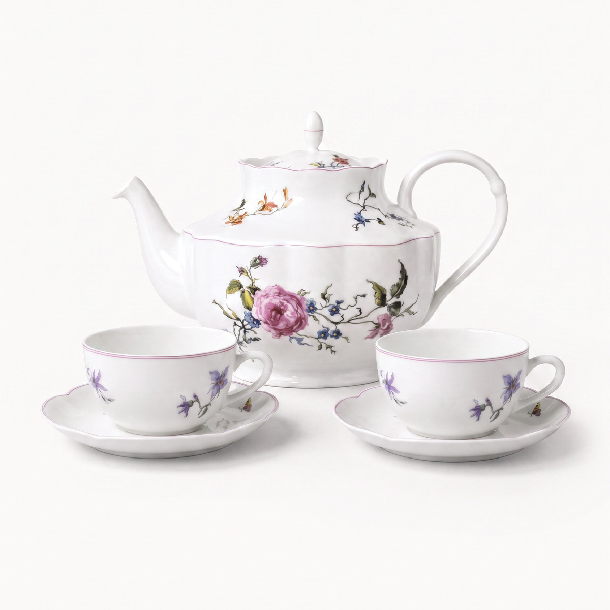 Set théière et 2 tasses avec soucoupes thé Fleurs d'Auteuil